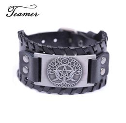 Charm Bracelets Teamer Brand Easy Buckle Wide Leather Tree Of Life Triple Moon Goddess Bracelet Pentagram Wiccan Amulet MTeen Bang7478395