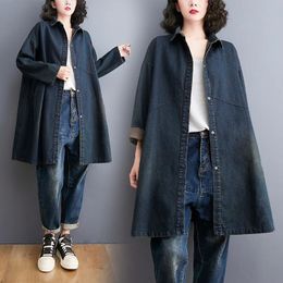 Women Blue Denim Jacket Loose MidLength Jean Coat Windbreaker Female SingleBreasted Parkas Cardigan Outerwear 240116