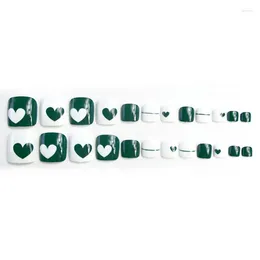 False Nails 2024 Summer Holiday Wind Beach Seaside White Heart-shaped Pattern Toenails And GreenToenails Patch 24pcs