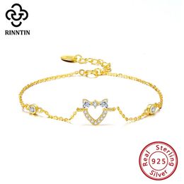 Rinntin14K Gold Plated 925 Sterling Silver Heart Charm Bracelets for Women Bangles Bracelets Anniversary Jewlery Gifts SB97 240117