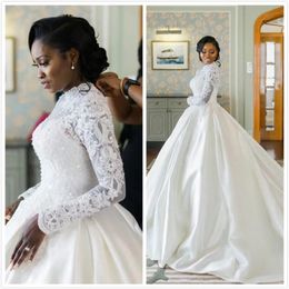 Arabic Aso Ebi Lace Beaded Wedding Dresses High Neck Long Sleeves Bridal Gowns Custom Made Wedding Gowns Plus Size