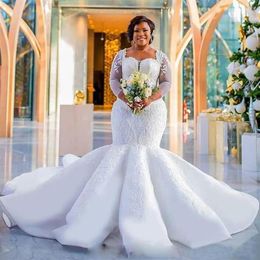2019 Plus Size Mermaid Wedding Dresses Long Sleeves Sweetheart Neckline Sequins Applique Lace Sweep Train Organza Satin Wedding Br258D