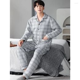 Men's Sleepwear 2024 Pyjama Men Autumn Winter Cotton Padded Sandwich Long-sleeved Loungewear Air Warm Homewear Suit V-neck