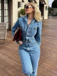 Women Denim Jumpsuit Woman Jean Overalls Long Sleeve Elegant Jumpsuits Y2k Streetwear Turn Down Collar Vintage Female 240116