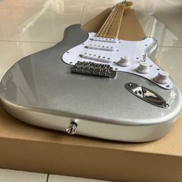 Classic silver electric guitar, vibrato system, quality assurance, captivating sound, fast delivery.