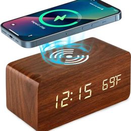 Wireless Charger Time Alarm Clock Wooden Desk Digital Clock Phone Chargers LED Display Thermometer Humidity Clock for Table 240116
