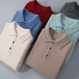 Autumn and Winter Mink Cashmere Men's Shirt Collar Pullover Wool Sweater Polo Sweater Loose Knitted Bottom Shirt 240117