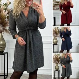 Casual Dresses Women Long-sleeve Dress V Neck Long Sleeves Solid Colour Twist Knot Tight High Waist Knee Length Soft Elegant For