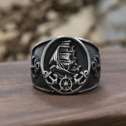 Vintage Pirate Sailboat Nordic Viking Ring Men Women 14K White Gold Anchor Compass Signet Rings Gothic Punk Biker Jewellery