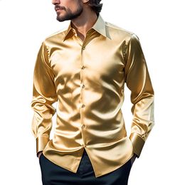 Sexy Men's Satin Silk Shirts And Blouses Solid Colour Slim Fit Party Long Sleeve Social Shirt Man Clothing 240117