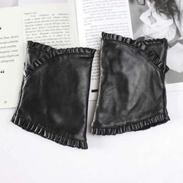 Fingerless Gloves women's Sheepskin Half Finger Gloves Leather Fashion Lace Style Warm Velvet Cool Silk Black Riding Driving