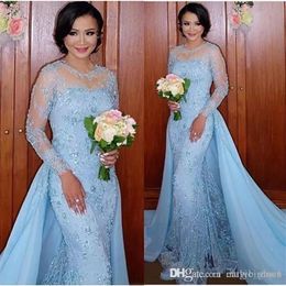 African Baby Blue Prom Dresses Mermaid With Detachable Train Sheer Neck Appliques Long Sleeves Sweep Train Arabic Dubai Evening Pa231R