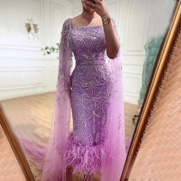 Serene Hill Lilac Mermaid Ankle Length Midi Feather Beaded Luxury Evening Dresses With Cape Gowns For Women Party LA71841 240116