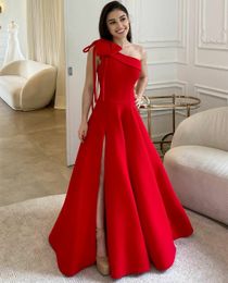 Elegant Long Red Crepe One Shoulder Evening Dresses With Slit/Bow A-Line Zipper Back Floor Length Prom Dress Party Dresses for Women