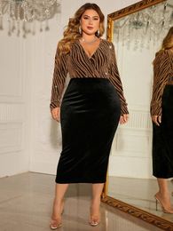 1XL 4XL Plus Size Dress Deep V Long Sleeve Sequins Wrap Party Solid Black Skirt Sexy and Comfortable Velvet Evening 240116