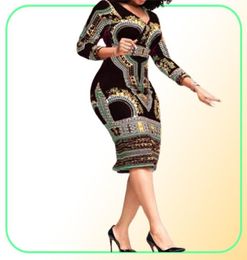 Casual Dresses African Ladies Elegant Wrist High Waist V Neck Vintage For Work Office Business Fashion Slim Vestidos Dress Midi 206634979