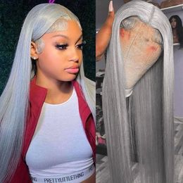 13X4 Hd Frontal Sier Grey Lace Front Wig Remy Brazilian Bone Straight Human Hair Wigs for Women