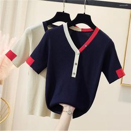 Women's Sweaters T-shirt Femme 2024 Summer Pure Cotton Top Women V Neck Pullover Short Sleeve Colour Knit Sweater Big Size 4XL Tees