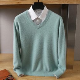 Autumn And Winter 100% Mink Cashmere Sweater Men's V-Neck Loose Long-Sleeved Pullover Warm Sweater Bottoming Sweater 240117