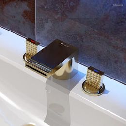 Bathroom Sink Faucets Luxury Gold Brass Faucet Square Three Holes Two Handles Basin Mixer Exquisite Cold Waterfall