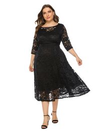 Plus Size Contrast Lace Half Sleeve Semi Sheer Midi Prom Party Wedding Evening Dress For Women 240116