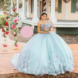 Elegant Light Blue Vestidos De 15 Anos Quinceanera Dresses 2024 Sweetheart Flowers Sweet 16 Prom Party Gowns