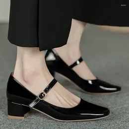 Dress Shoes Female On Sale 2024 One-word Buckle Women's Pumps Autumn Pointed Toe Solid Mary Jane Chunky Heels Women