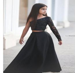 2019 Modest Lace Little Girls Pageant Dresses Two Piece One Shoulder Beads Black Flower Girl Dress For Child Teens Party Cheap Cus4655951