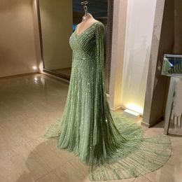 Serene Hill Mint Cape Sleeves A Line Beaded Luxury Dubai Evening Dresses Long Celebrity Gowns For Woman Party LA71865 240116