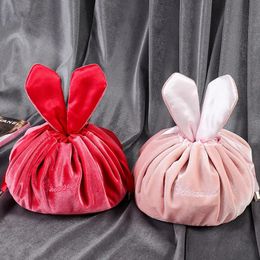 Cosmetic Bag Round Velvet Soft Makeup Bag Drawstring Rabbit Ear Travel Make Up Organiser Female Storage Toiletry Beauty Kit Case 240116