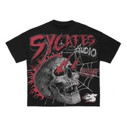 Hip-hop vintage gothic punk skull print O-neck T-shirts men high street casual oversized short-sleeved T-shirt harajuku 240116