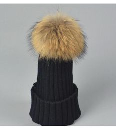 Designer Ladies Knitted Rib Beanies With Real Raccoon Dog Hair Ball Children Fancy Plain Fur Pom Winter Hats Womens K wmtuAT lucky1755822