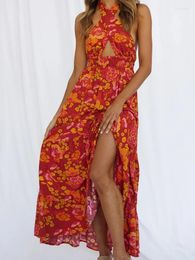 Casual Dresses Boho Long Women Summer Floral Print Sleeveless Backless Dress Ladies Robe Hanging Neck Beach Holiday Maxi Vestidos