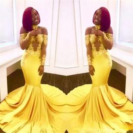 Newest Sexy Yellow Black Girls Mermaid Prom Dresses Lace Long Sleeves Backless Satin Floor Length Formal Party Wear Evening Gowns 216E