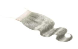 4x4inch 10 20 peruvian human hair brazilian body wave pure silver grey human hair top closure bleached knots fast1113382