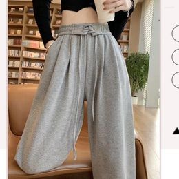 Women's Pants Solid Colour Pockets Wide Legs Spring And Autumn 2024 Elastic Waist Bandage High Straight Casual Sports