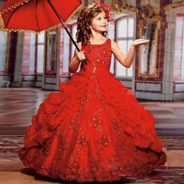 2020 Lovely Red Girls Pageant Dresses for Teens Princess Ball Gown Sparkly Beads Lace Embroidery Kids Birthday Party Gowns295S