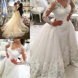Modest Country Western 2020 Wedding dresses with Detachable Train Lace Long Sleeve Vintage Bridal Gowns Plus Size Vestido de Novia293f