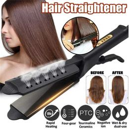 Professional Hair Straightener FourGear Temperature Adjustment Ceramic Tourmaline Ionic Steam For Widen Panel 240116