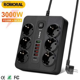 Power Cable Plug 3000W EU Power Strip with QC3.0 PD20W 6AC European Outlet Plug Strip Adapter 2M Extension Cord Multi Plug with USB Port YQ240117