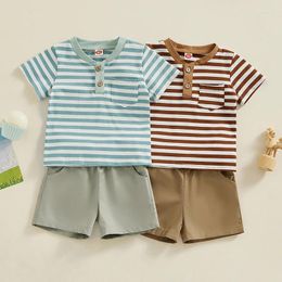 Clothing Sets 2024-12-20 Lioraitiin Kid Boys Outfits Contrast Colour Stripe Buttons Pocket Short Sleeve T-Shirts Tops And Shorts Clothes Set