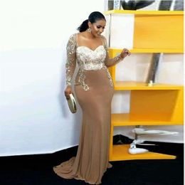 Elegant African Sheer Long Sleeves Satin Mermaid Evening Dresses Scoop Neck Beaded Crystals Plus Size Prom Mother Gowns Robe De So213p
