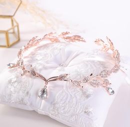 Headpieces Rose Gold Crystal Crown Bridal Hair Accessory Wedding Rhinestone Teardrop Leaf Tiara Headband Frontlet Bride Hair Jewel9090185