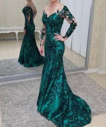 2019 Dark Green Long Mother of the Bride Dress Lace Sheer Sleeves Party Evening Gowns Formal Guest Dresses Mermaid Prom Dresses4882594