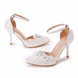 Sandals Fashion Summer Women High Heels Rhinestone Buckle Strap PU 9CM Thin Elegant Office Work Shoes White