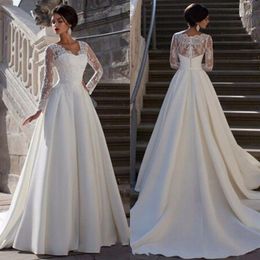 2019 Modest Long Sleeve Wedding Dresses Scalloped V Neck A Line Ivory Lace and Satin Vestidos De Novia Bridal Gowns Custom Made Ch3179