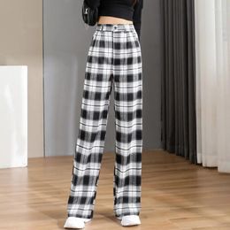 Women's Pants Korean Fashion Trend Black And White Plaid Loose Spring Autumn 2024 High Waist Casual Straight Sports Trousers