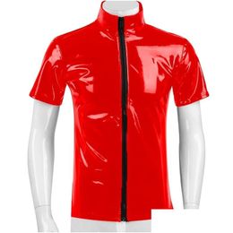 Men'S T-Shirts Mens T-Shirts Y Glossy Pvc Leather Short-Sleeved Shirt Erotic Sha Latex Casual Coat Male Shiny Metallic Patent Tops Dro Dhj62