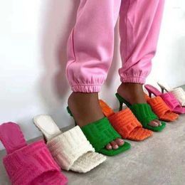 Slippers Summer Women Square Toe Ladies Heel Mules Sexy High Heels Female Green Sandals Fashion Woman Shoes