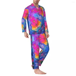 Men's Sleepwear Hippie Pyjamas Mens Flower Pink Yellow Comfortable Night Autumn 2 Pieces Casual Loose Oversize Pyjama Sets